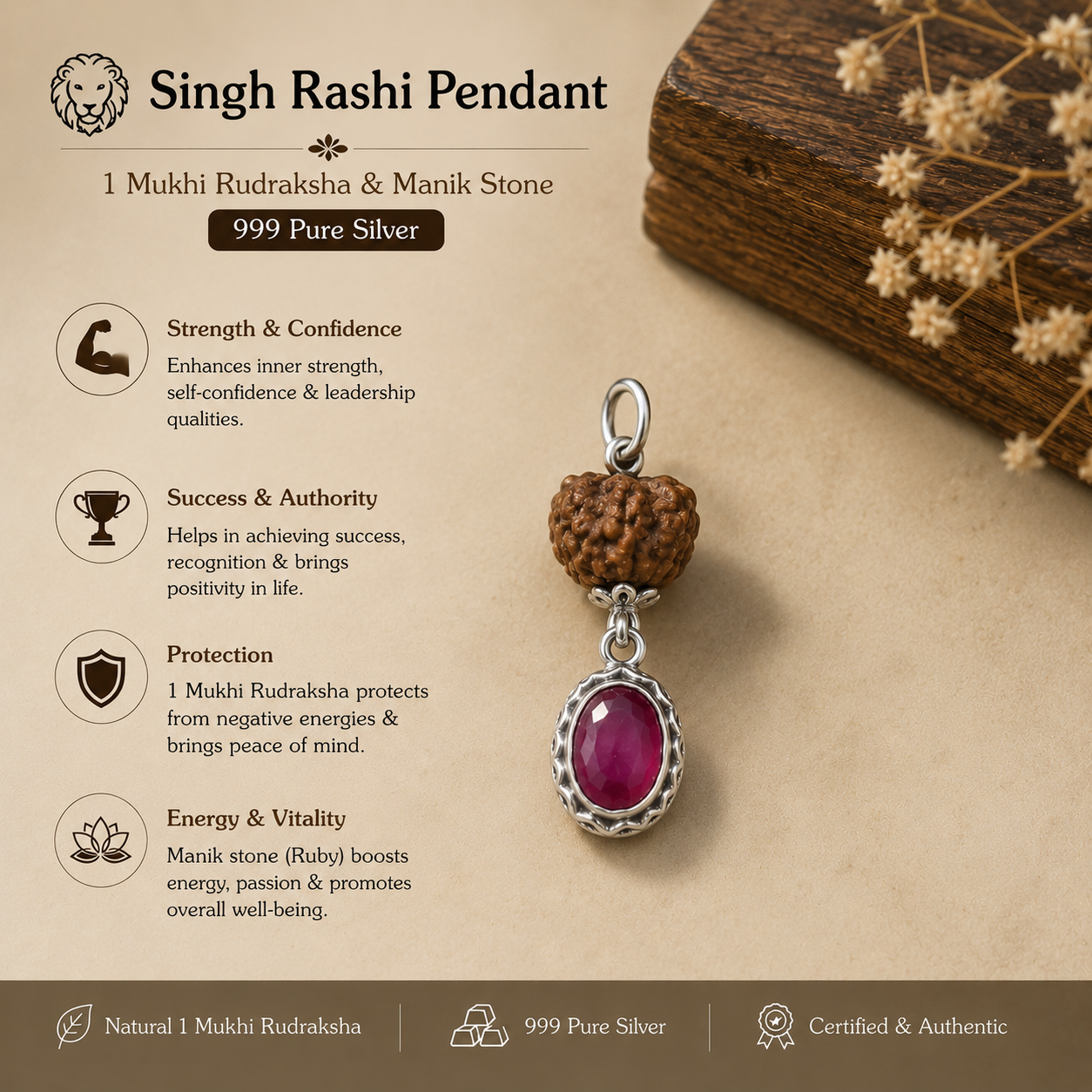 Singh Rashi Rudraksha + Stone Pendant thumbnail 4