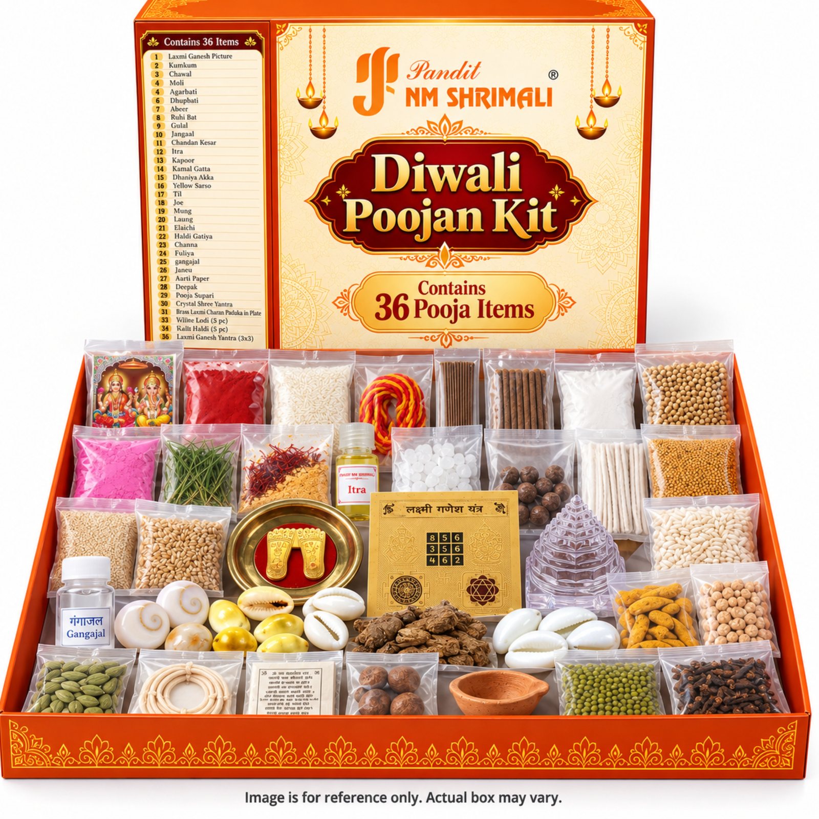 ₹1,100 Packet Diwali Pujan Packet (36 items): open box with all items