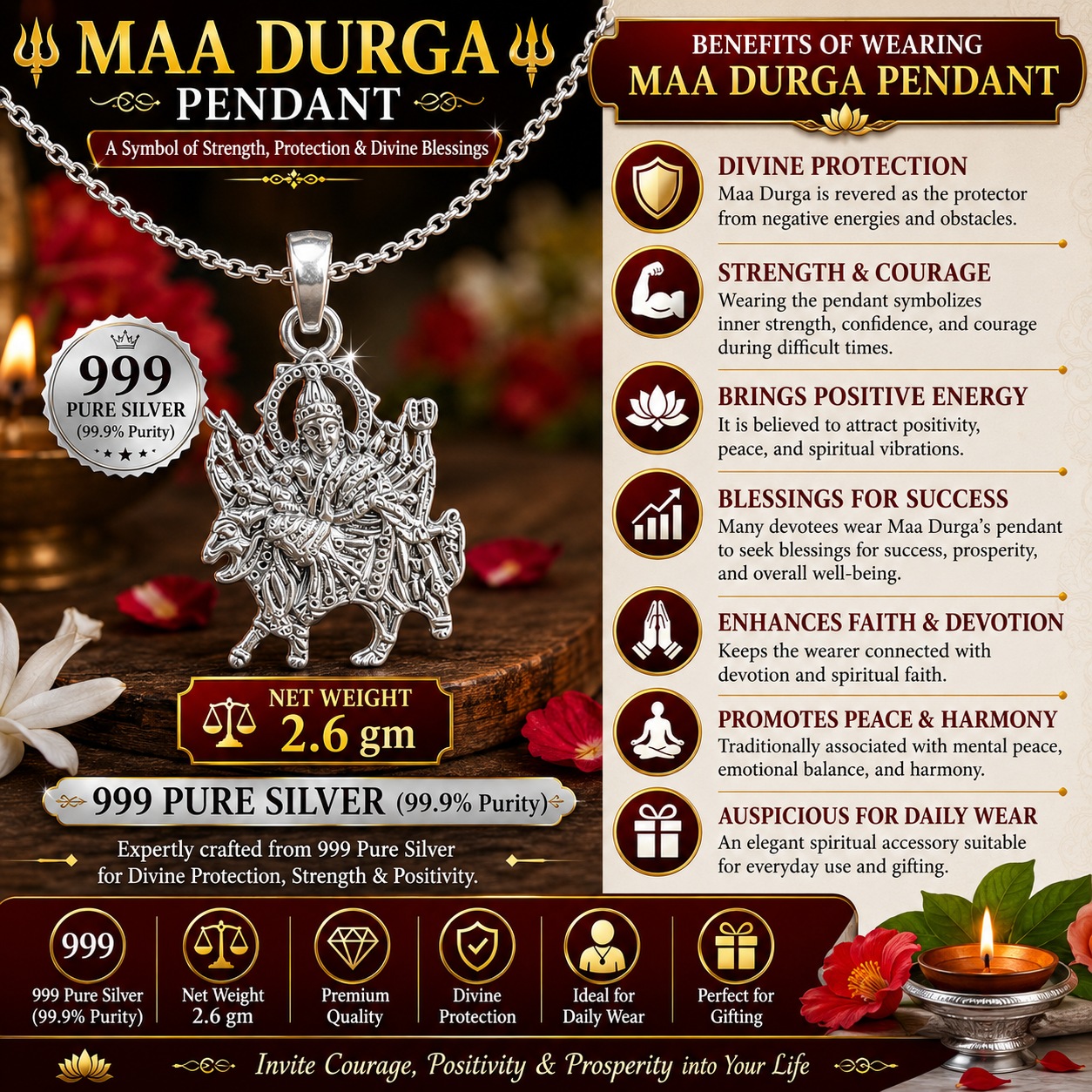 Silver Maa Durga Pendant (Small) thumbnail 2
