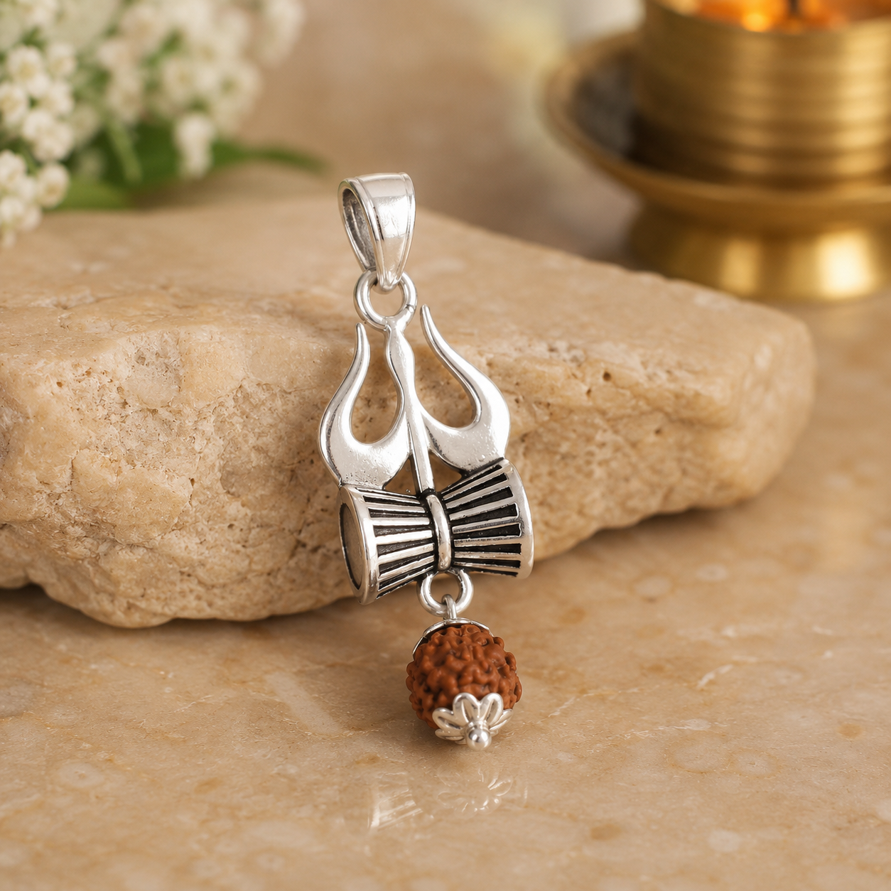 Silver Trishul Damaru Pendant with Panchmukhi Rudraksha thumbnail 2