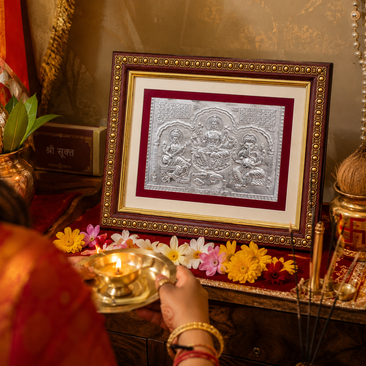 Silver Laxmi Ganesh Saraswati Frame